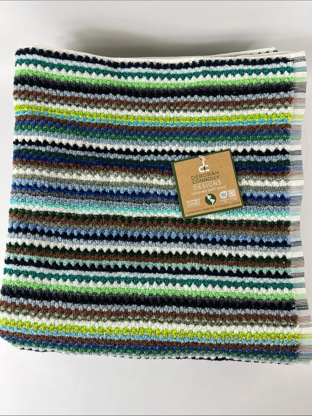 Deborah Connolly Bath Towels Boho Striped Bright Teal Green Blue Soft 2 Pc NEW